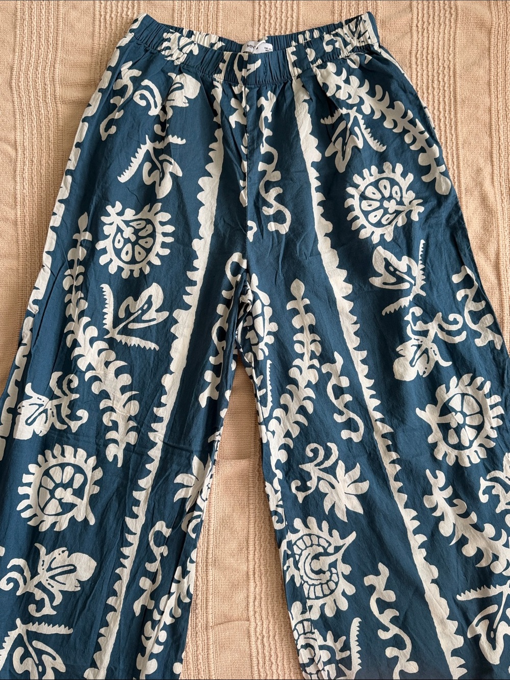 Mango Teal and White Wide-Leg Printed Trousers
